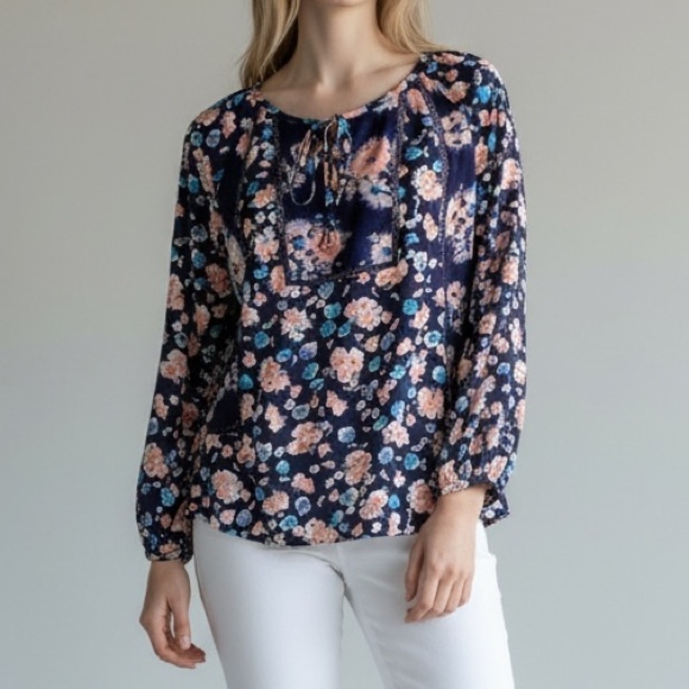 Rebecca Taylor Floral Tie Neck Blouse Navy Boho Romantic Top Size 2